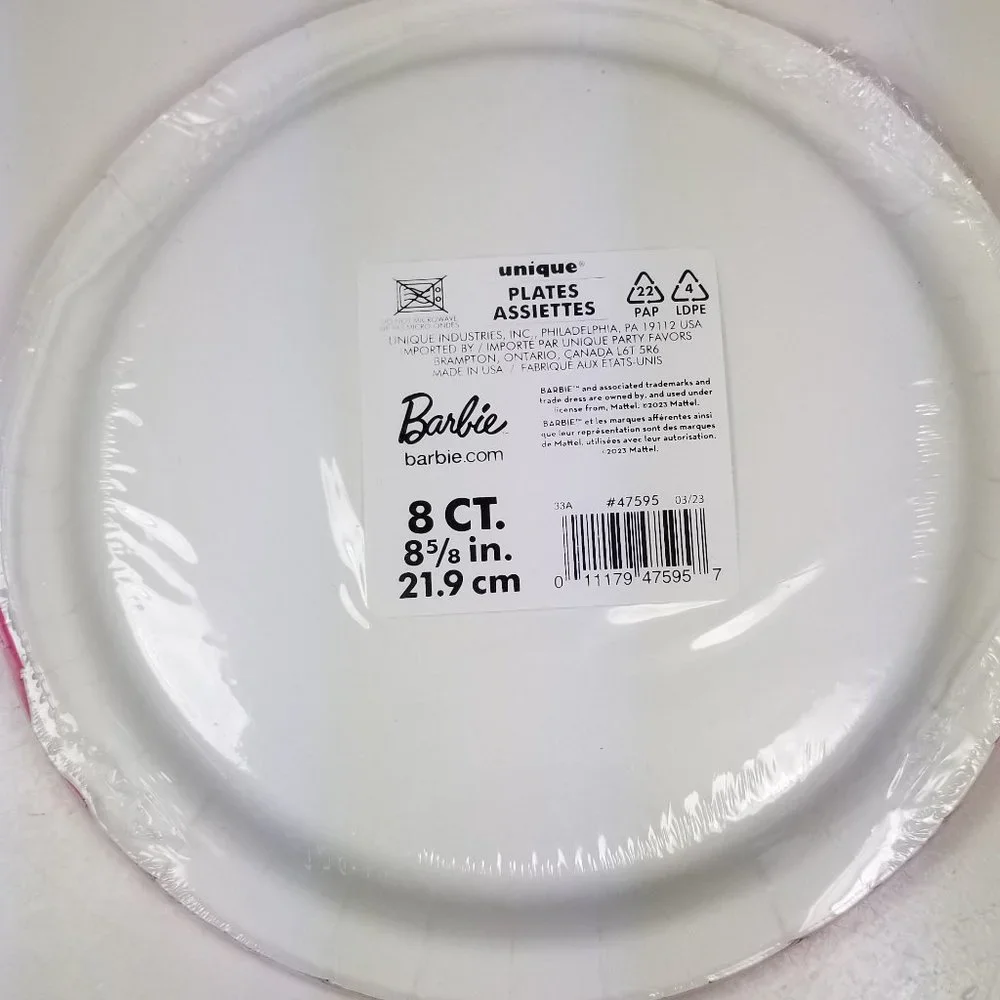 Barbie party set for 16 includes small and large plates, banner and goodie bags